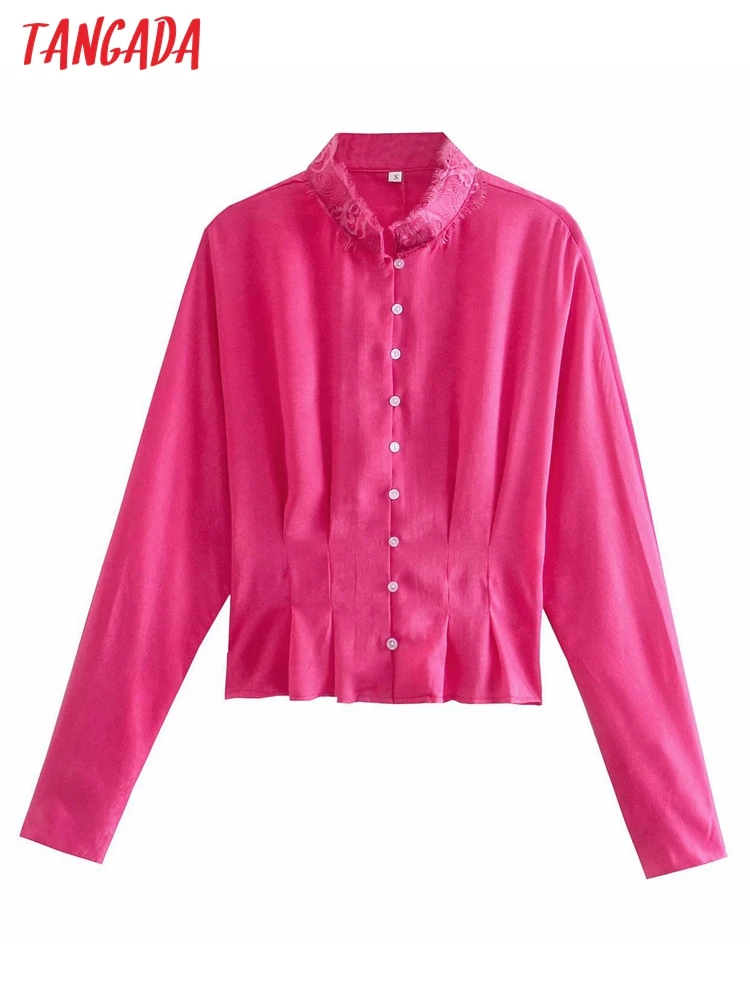 

Tangada 2022 Women Pink Satin Lace Patchwork Blouse Long Sleeve Chic Female Office Lady Shirt Blusas Feminina 4M88