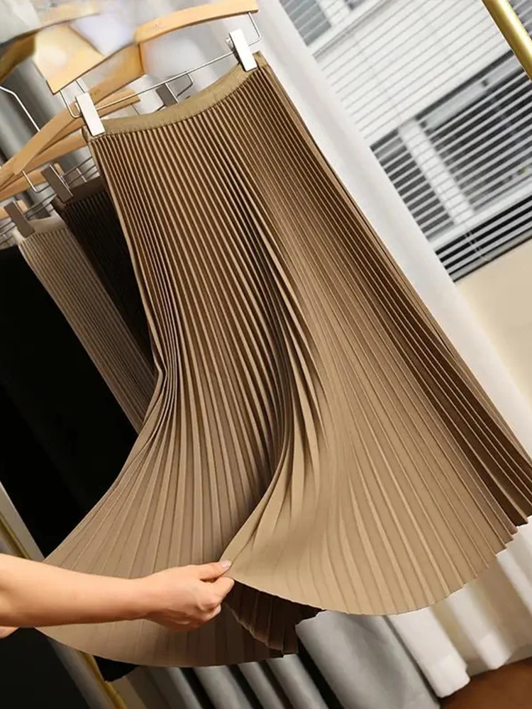 

Long Pleated Skirts for Women 2022 Spring Fall Chic Elastic Band Fashion A Line Elegant Office Ladies Luxury Midi Skirt