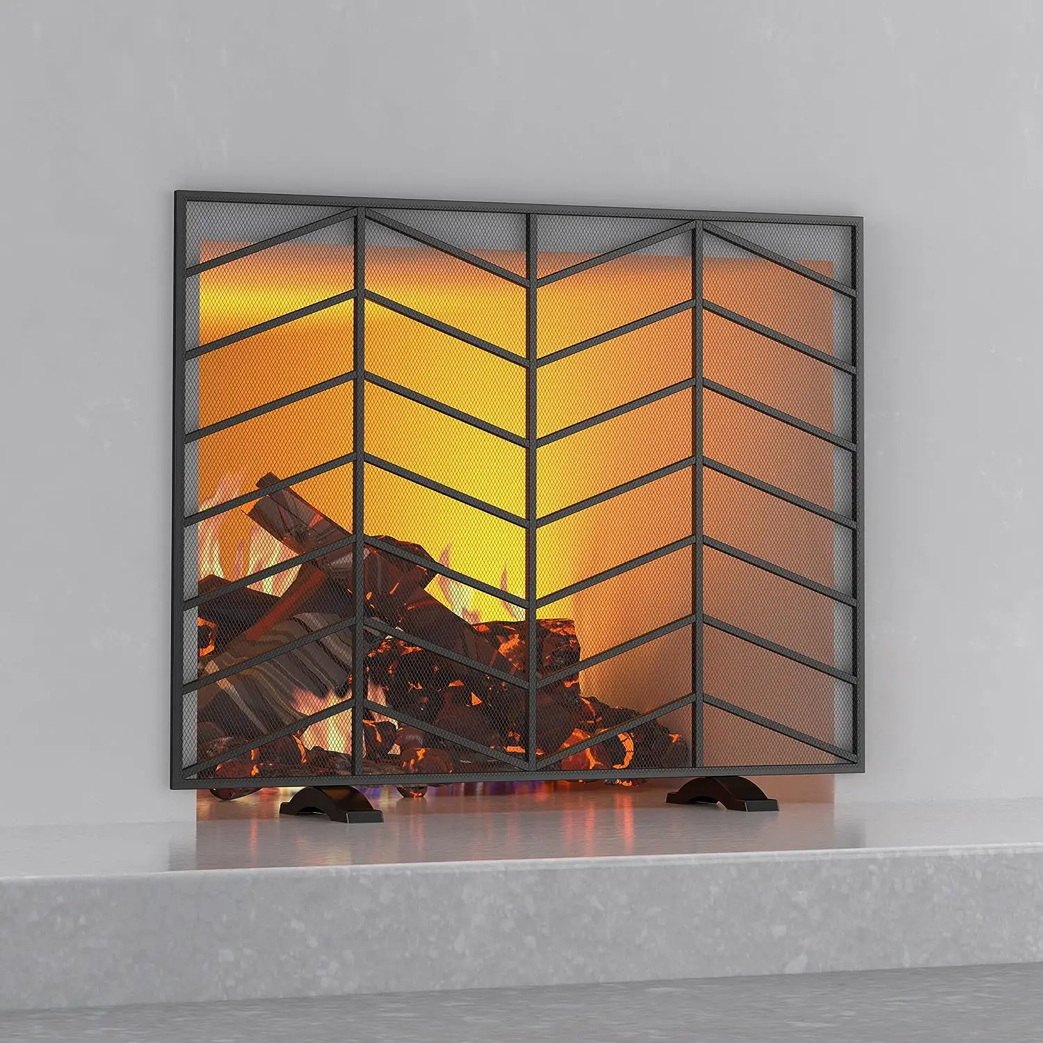 

Panel Handcrafted Wrought Iron Mesh Chevron Fireplace Screen, Fire Spark Guard for Living Room, Bedroom Décor