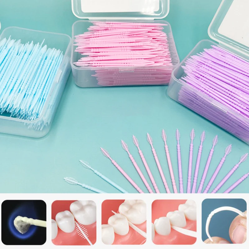 

300pcs Plastic Double-head Interdental Brush Dental Floss Stick Mouth Hygiene Plastic Toothpicks Toothbrush Teeth Cleaning Brush