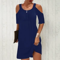 dresses for women 2022 summer new arrival solid color casual loose dress o neck mid waist short sleeve elegant female clothing
