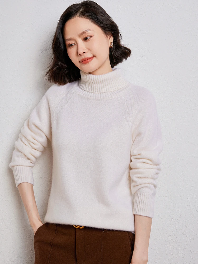 Женский вязаный пуловер с воротником-хомутом из 100% чистой шерсти