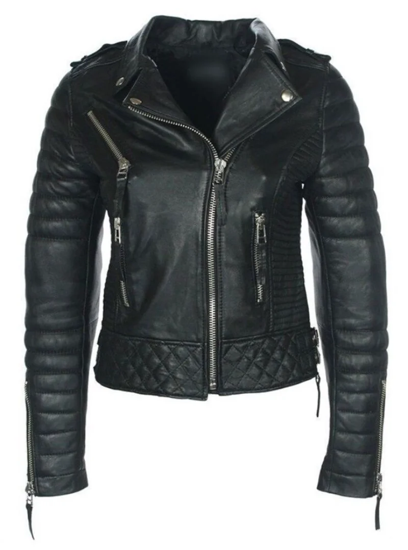Womens Leather Jacket Quilted Black Lamb Skin Designer Fashion Genuine Leather Coat