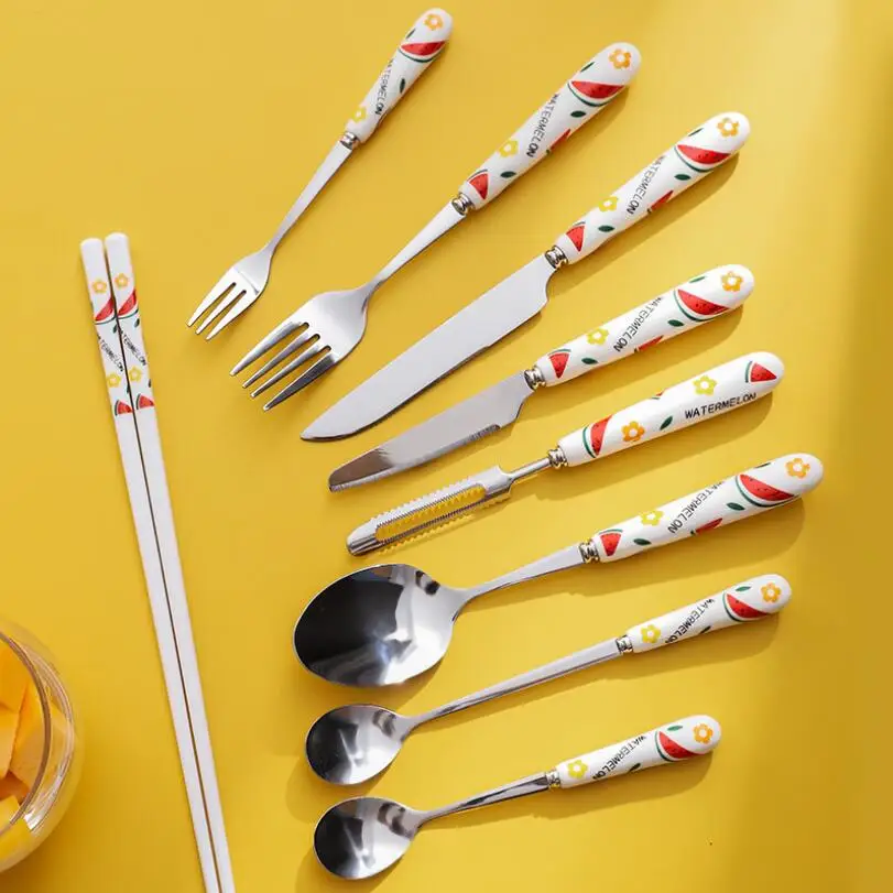 

Creative Fruit Pattern Knife Fork Spoon Set Household Steak Knife Coffee Spoon Stainless Cutlery Set Ceramic Chopsticks