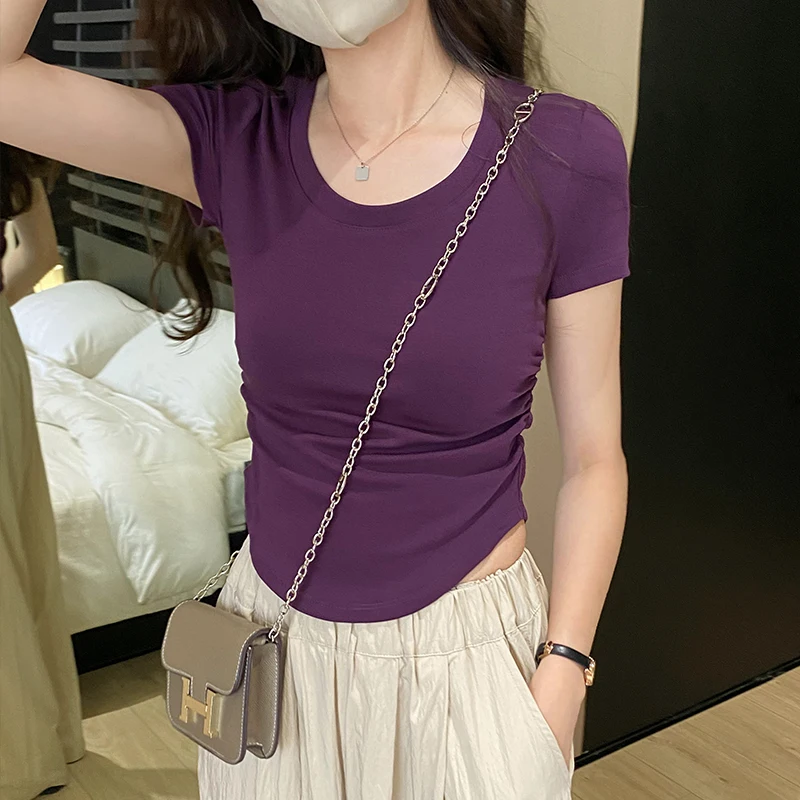 

Korean Style Fashion Irregular Hem Slim Cropped Tops Women 2023 Summer New O-neck Short Sleeve T-shirt Female Casual Basic Tees
