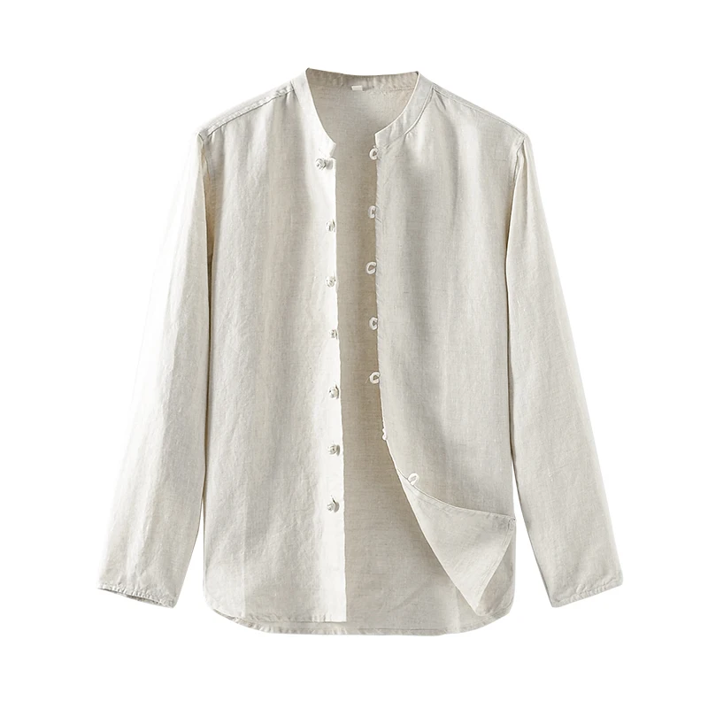 

Chinese Style Disc Buckle Linen Shirts for Men Classic Basic Long Sleeve Shirt 2022 Spring New Male Stand Collar Casual Clothing