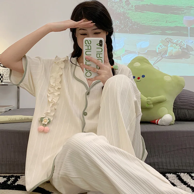 Pajamas  for Women's Summer 2023 New Style Pure Cotton Three-piece Suit Short-sleeved High-end Simple Comfortable Home Service