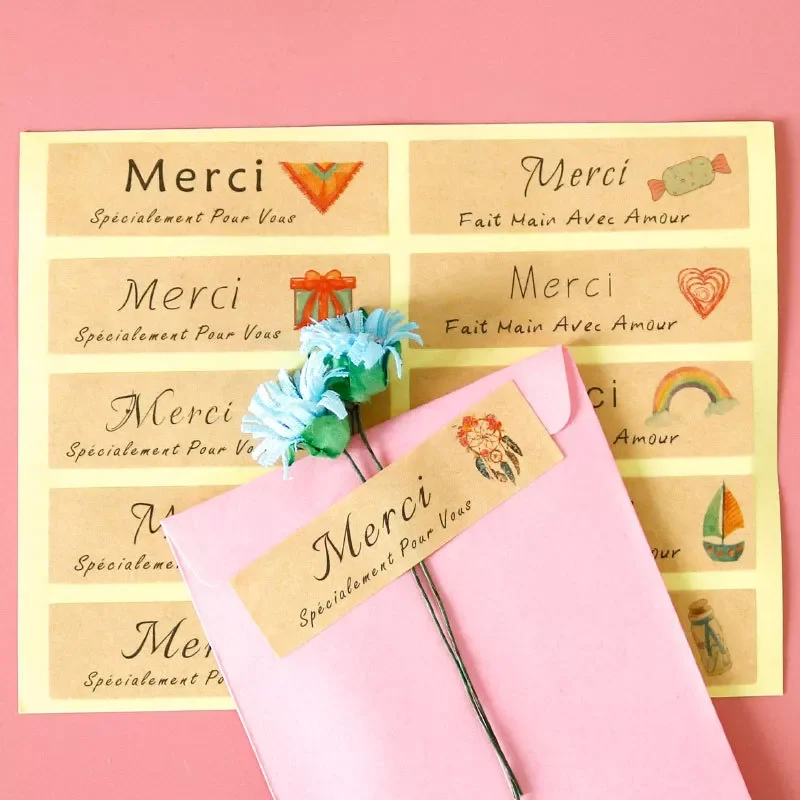 

"Merci" French Kraft Stickers "Handmade" "Thank You" Label Paper Gift Bag Cake Box Tag Decorative