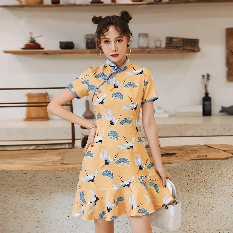 

Modern Chinese Dress Qipao Cheongsam Qi Pao Oriental Dress Japanese Harajuku Style Vintage Crane Printed Party Qipao Dress 11529