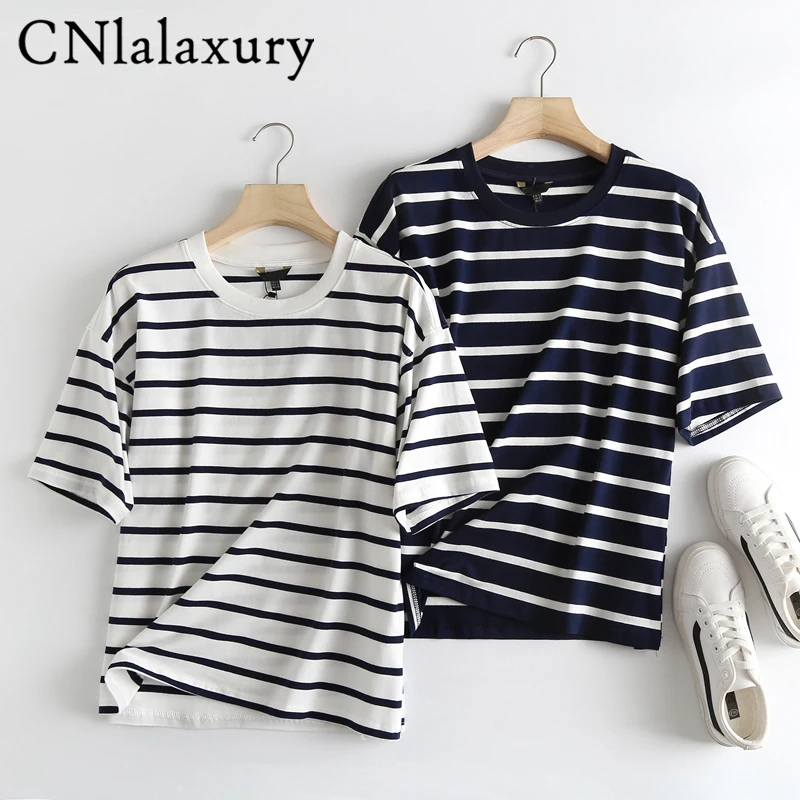 

CNlalaxury 2022 Women Striped Print Cotton T Shirt Short Sleeve O Neck Tees Ladies Casual Tee Shirt Street Wear Tops