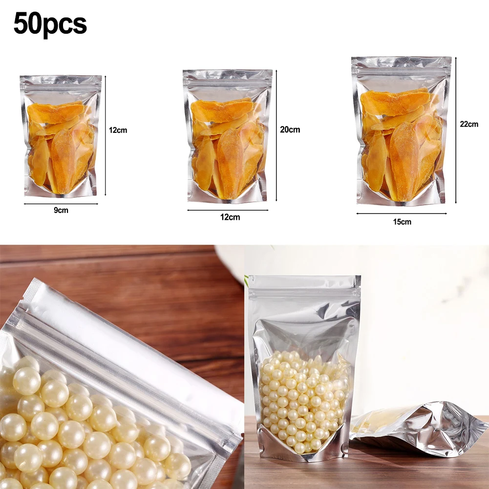 

50Pcs ZipLocks Mylar Foil Stand Up Bag With Frosted Window Heat Seal Tear Notch Food Storage Doypack Candy Tea Pouches