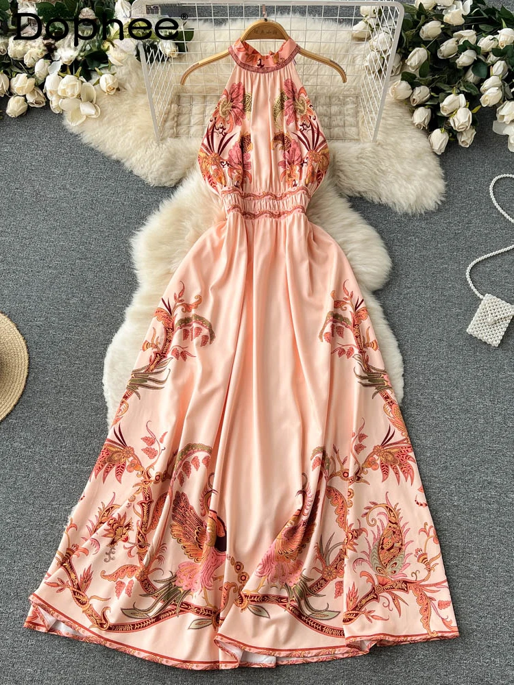 

Женское платье с высокой талией, винтажное платье в пляжном стиле без рукавов, с лямкой на шее и широким подолом, лето 2022