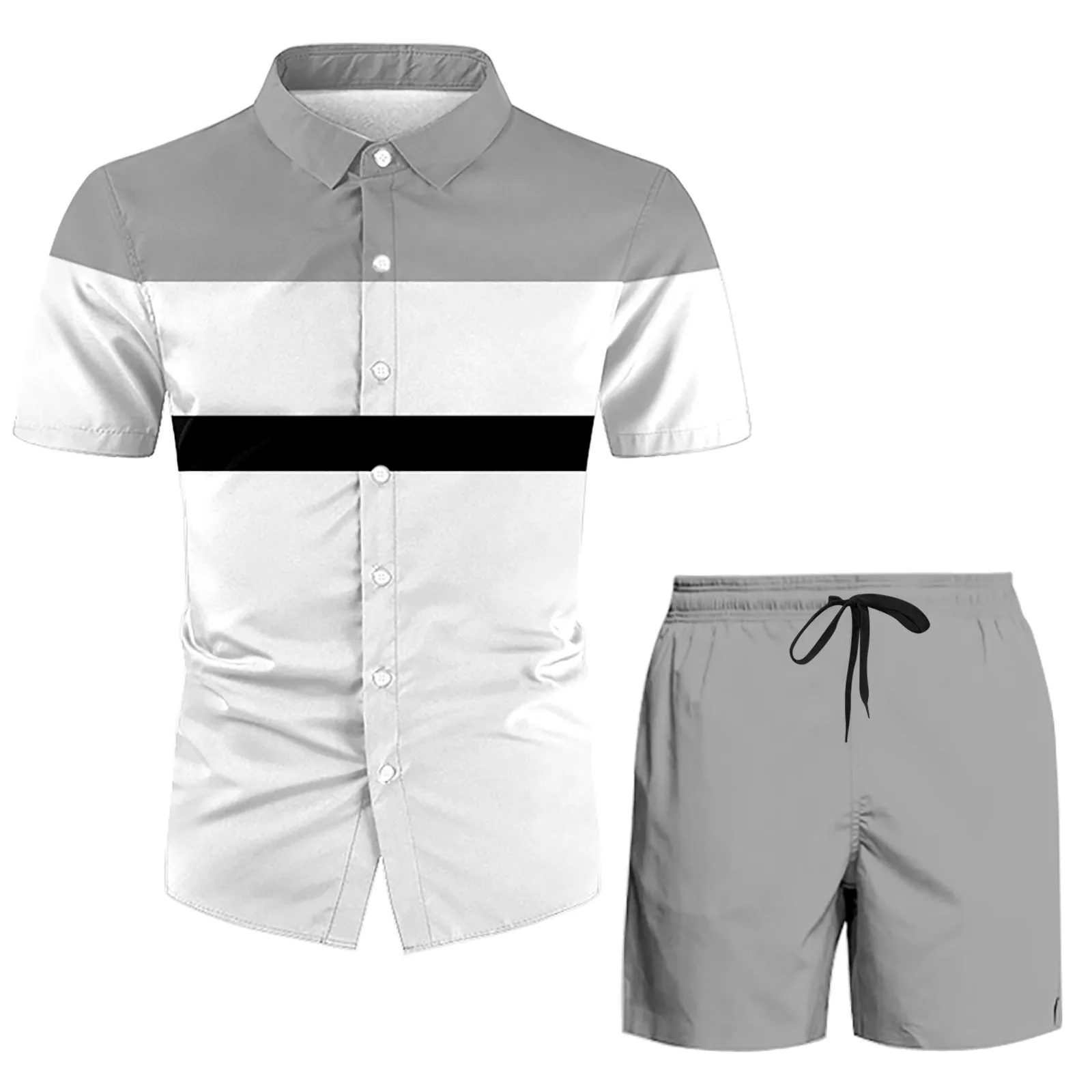 Men 2 Piece Suit Color Block Shirts Solid Color Shorts Male Set Beach Lapel Collar Beachwear Ropa Hombre Outfits Conjuntos New