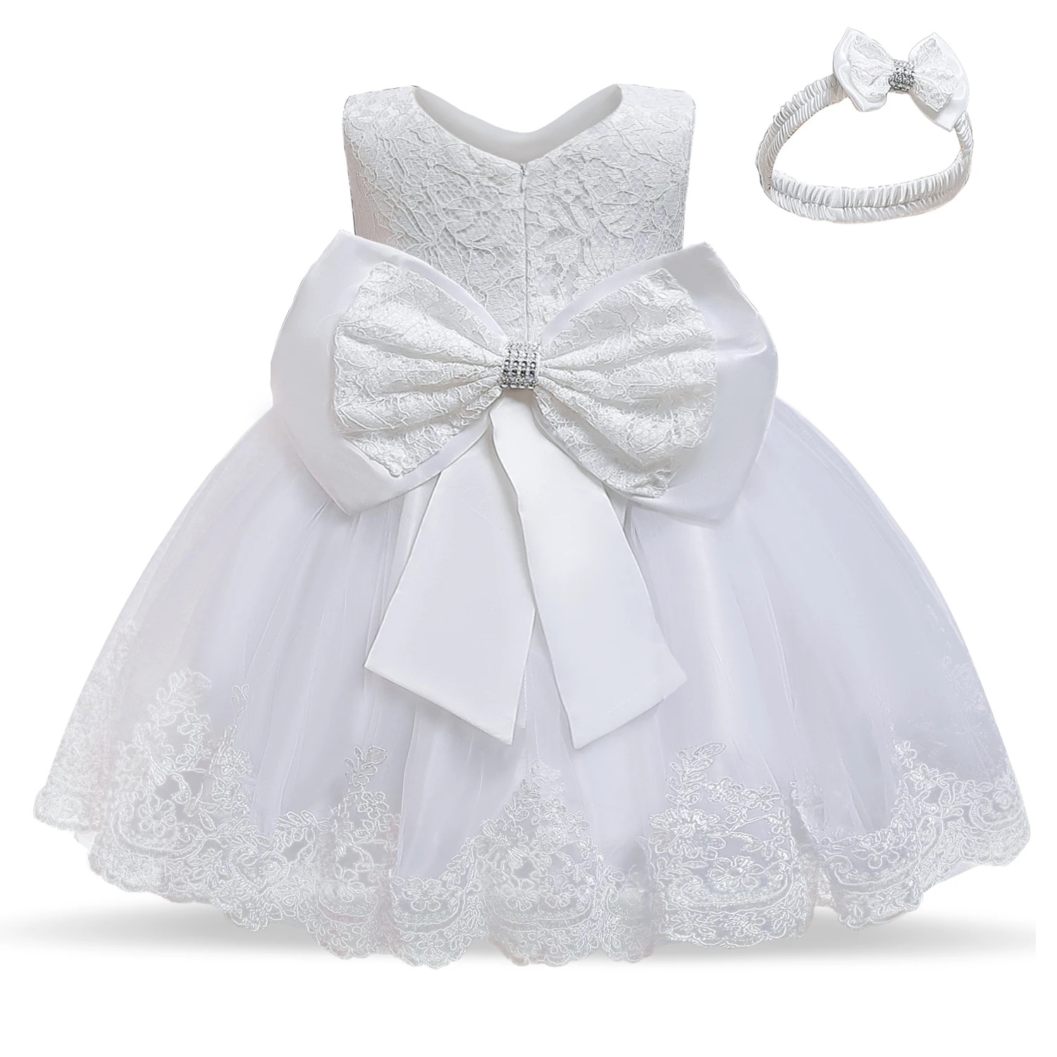 12 Month Cute Baby Lace Floral Big Bow Princess Dress Infant 1st Birthday Party Ball Gown Newbron Kid White Baptism Tutu Costume