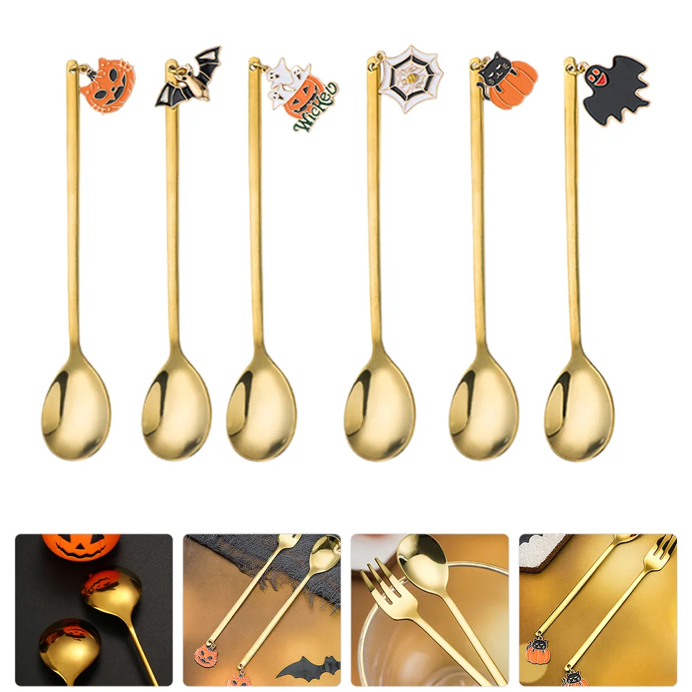 

6 Pcs Spoons Household Cake Dessert Pumpkin Heavy Duty Stainless Steel Zinc Alloy Metal Halloween Dinner
