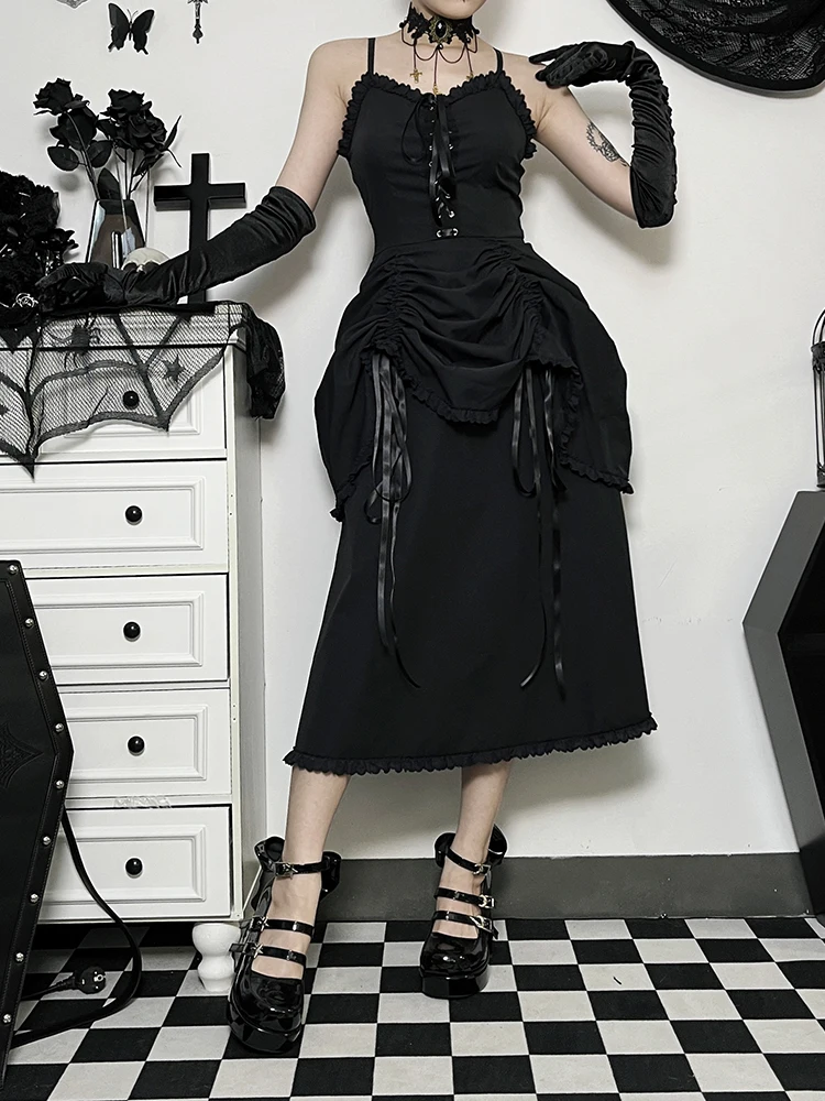 

InsGot Gothic Women's Ruched Sleeveless Mini Bodycon Dress Drawstring Tie Side V Neck Dresses Y2K Vintage Aesthetic Cami Robe