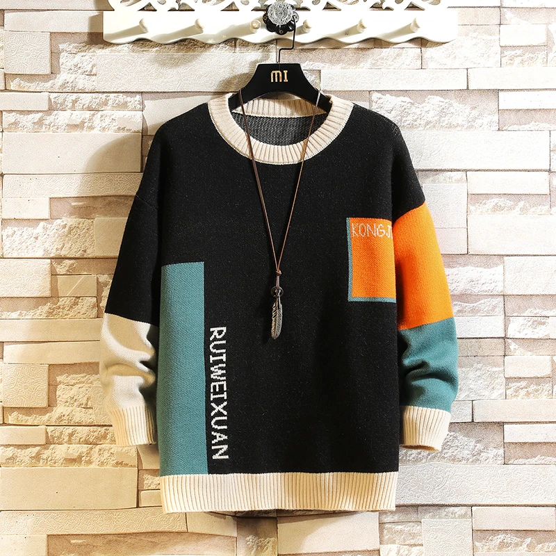 Fashion Harajuku Sweater Men'S HIP HOP Streetwear Pull OverSized 6XL 7XL Patchwork 2023 Long Sleeves Pullover for Autumn Spring