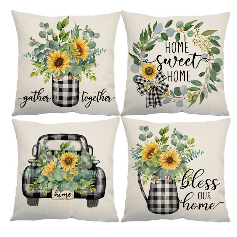

Summer Pillow Covers 18X18 Set Of 4 Summer Decorations Buffalo Plaid Farmhouse Throw Pillows Cushion Case For Home Couch