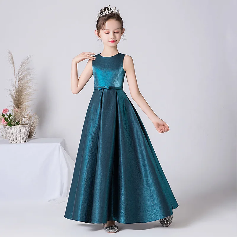 

Elegant Satin Long Piano Recital Dress 2022 Sleeveless Floor Length Flower Girl Dress Kid Girl 7-12 Years Bridesmaid Dresses