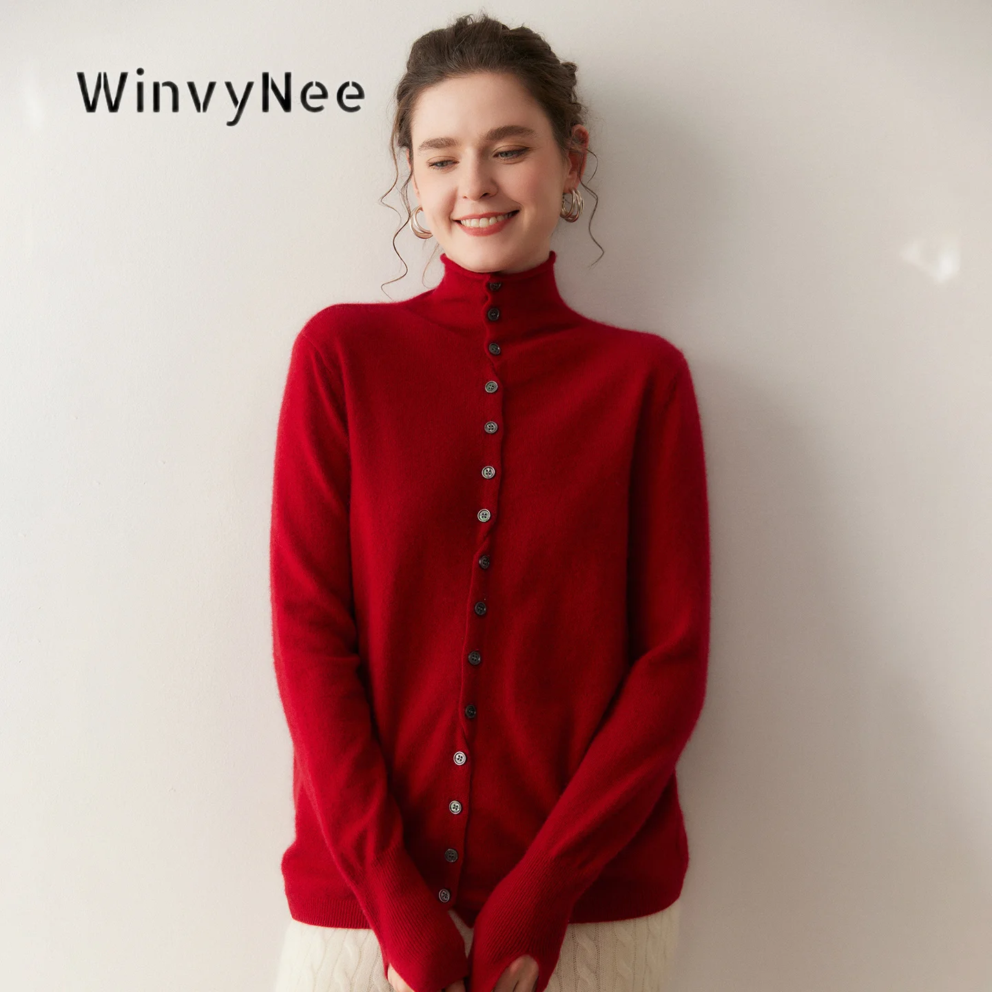 Фото Женский кардиган WinvyNee из тонкой шерсти на пуговицах, теплый, мягкий, шелковистый, свободного кроя, минималистичный, элегантный, для холодной погоды, на каждый день B1654018 №1