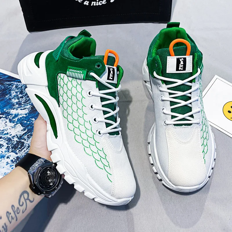 

New Men Sports Shoes Lightweight Thick Sole Shoes Man Shoes Mesh Comfortable Fish Scale Walking Footwear Breathable Four Seasons
