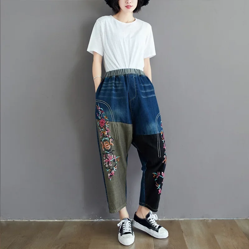 Китайские джинсы-шаровары 2024 брюки в Корейском стиле с вышивкой женские джинсы Mom