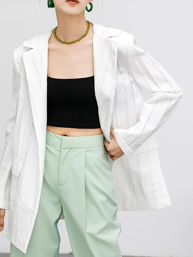 

Женский свободный блейзер с отложным воротником и длинным рукавом, в белую полоску