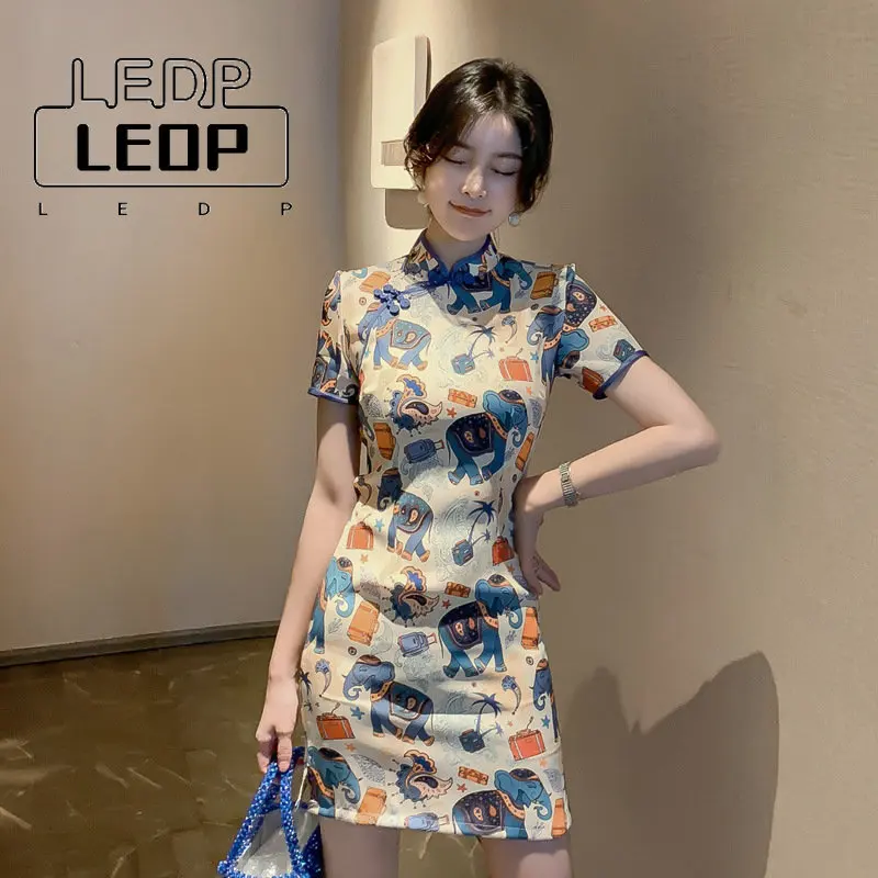 

LEDP 2022 Summer Improved Chinese Style Short Dress Women's Fashion Literary Cartoon Retro Playful Girl Cheongsam Dress