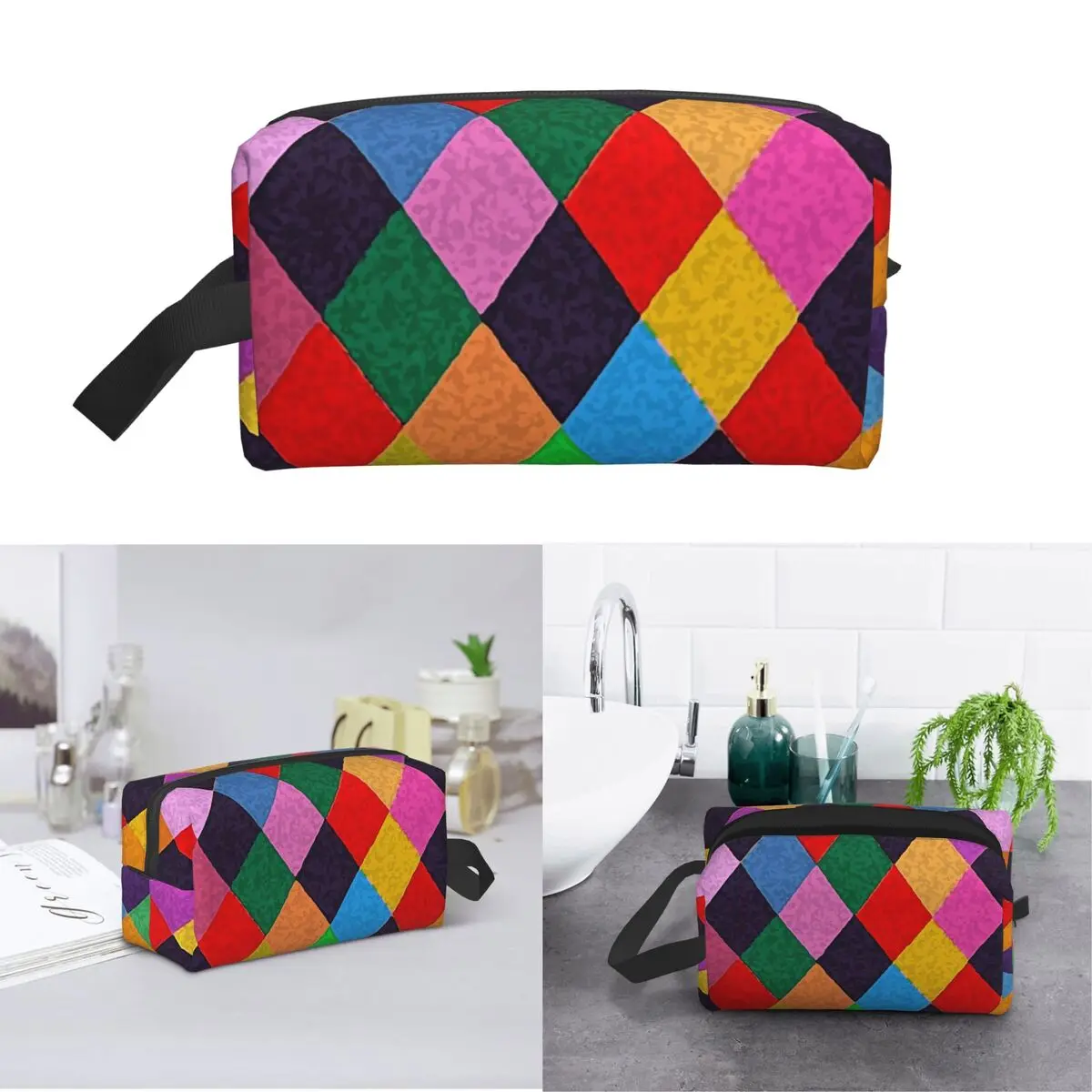 Фото Косметичка-несессер Mardi Gras Harlequin Plaid с ромбовидным узором для женщин, для хранения косметики и туалетных принадлежностей №1