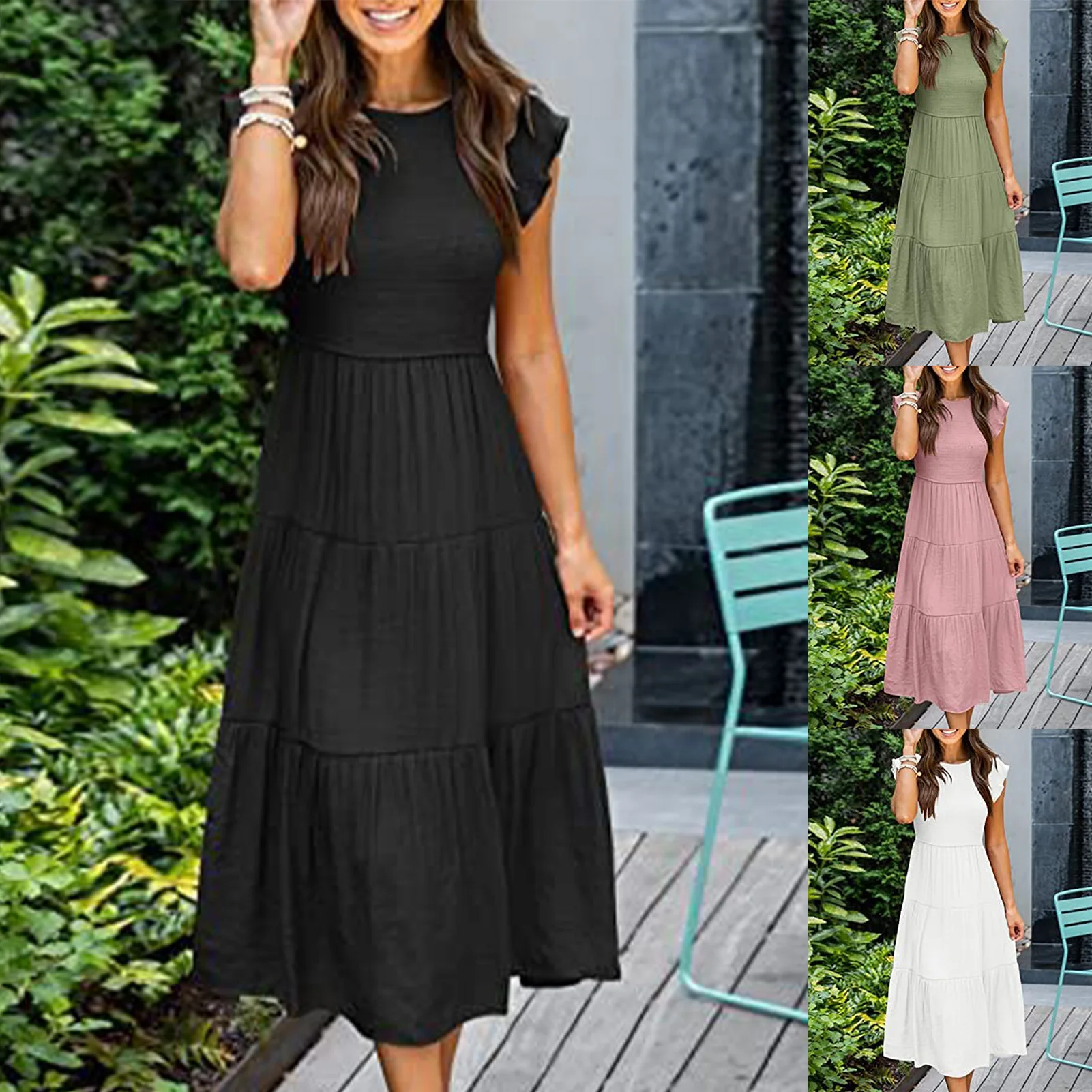 

Ladies Ruched Swing Dress Crew Neck Women Flying Sleeve Dress Slim Fit Bodycon Dress Solid Color Elegant Style Vacation Outfit