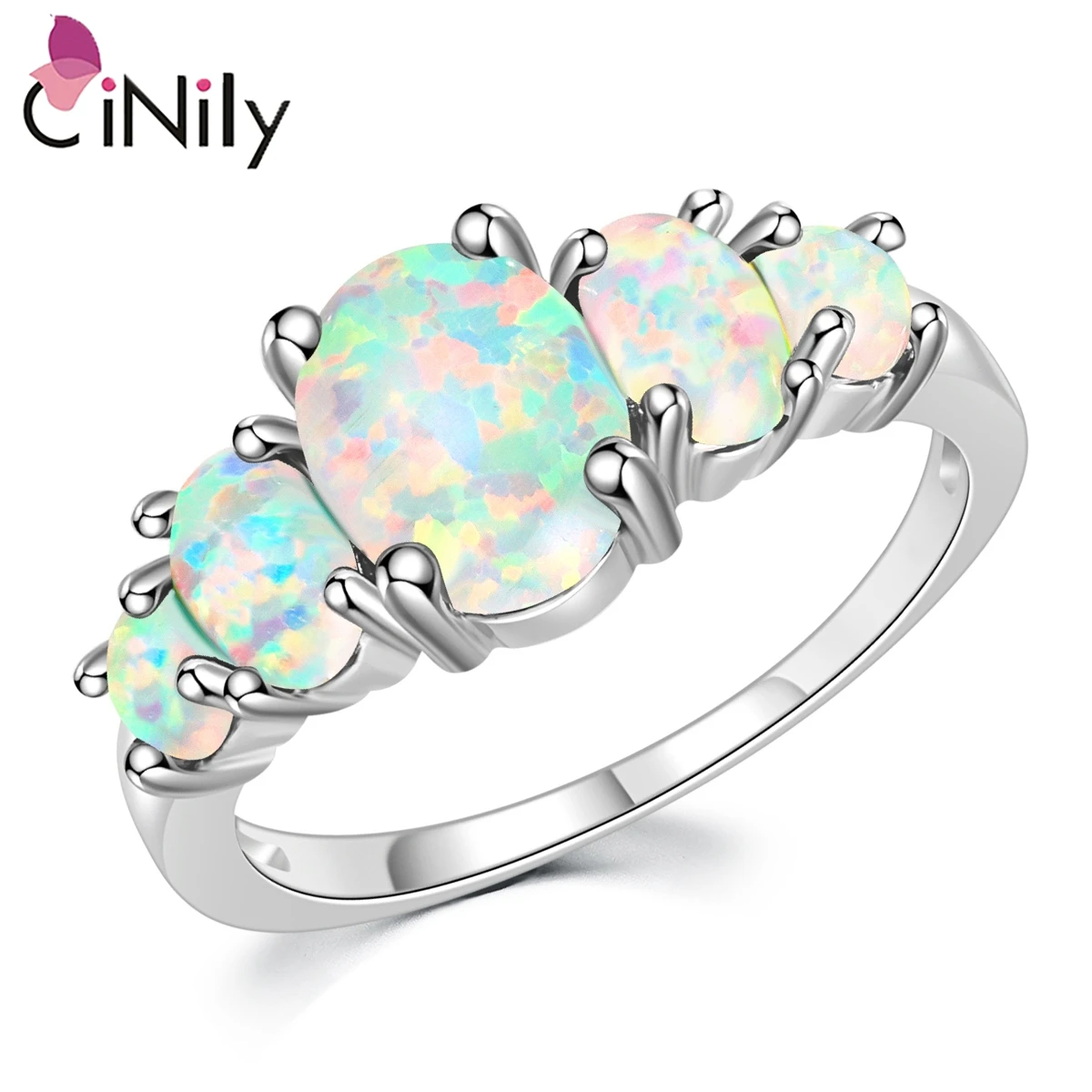 CiNily White Fire Opal Rings With Oval Big Stone Silver Plated Wedding Engagement Minimalist Bohemia Boho Jewelry Size 10 11 12