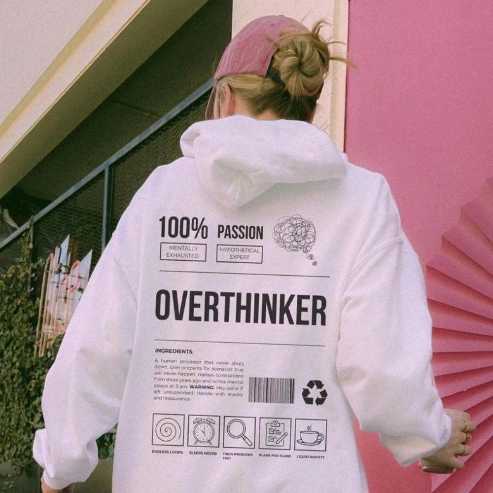 Фото Толстовка с капюшоном Overthinker, забавное психическое здоровье, Tumblr, эстетический подарок для самостоятельного ухода, комфортный зимне-осенний теплый повседневный свитер для девочек №1