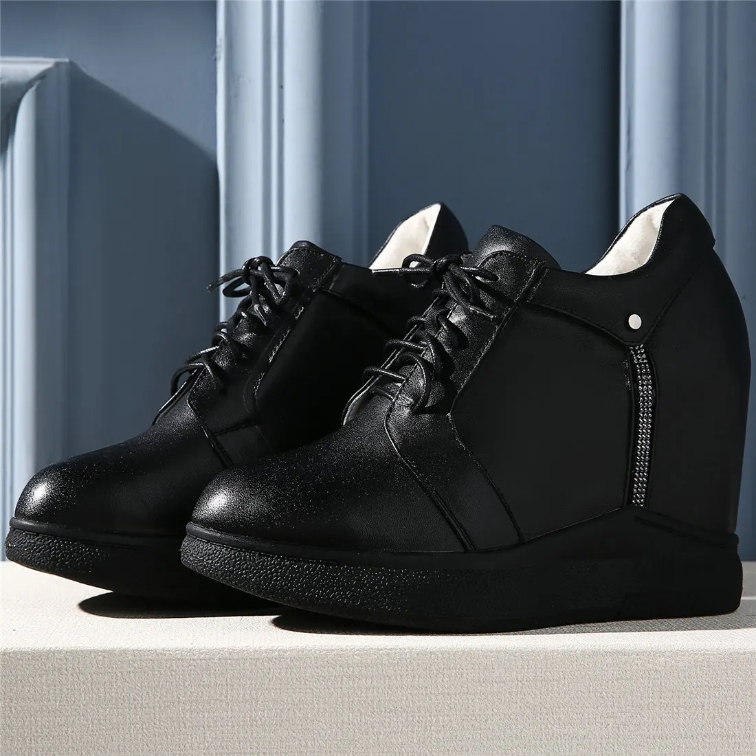 Casual Shoes Women Lace Up Genuine Leather Wedges High Heel Pumps Female Round Toe Platform Fashion Sneakers Rhinestones Loafers