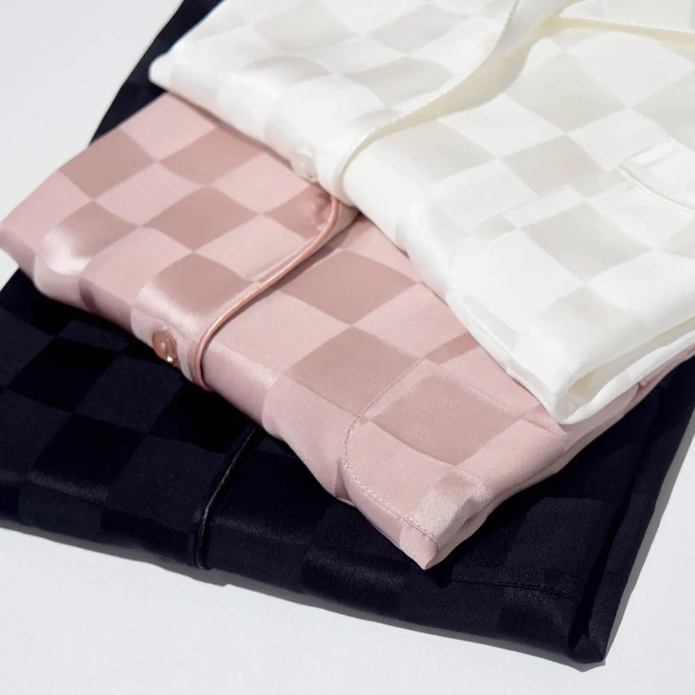 

Pijama Mujer Silk Pajamas Women's Silk Jacquard Long Sleeveashionable Checkerboard Lattice Home Clothes Pijamas Set For Lady