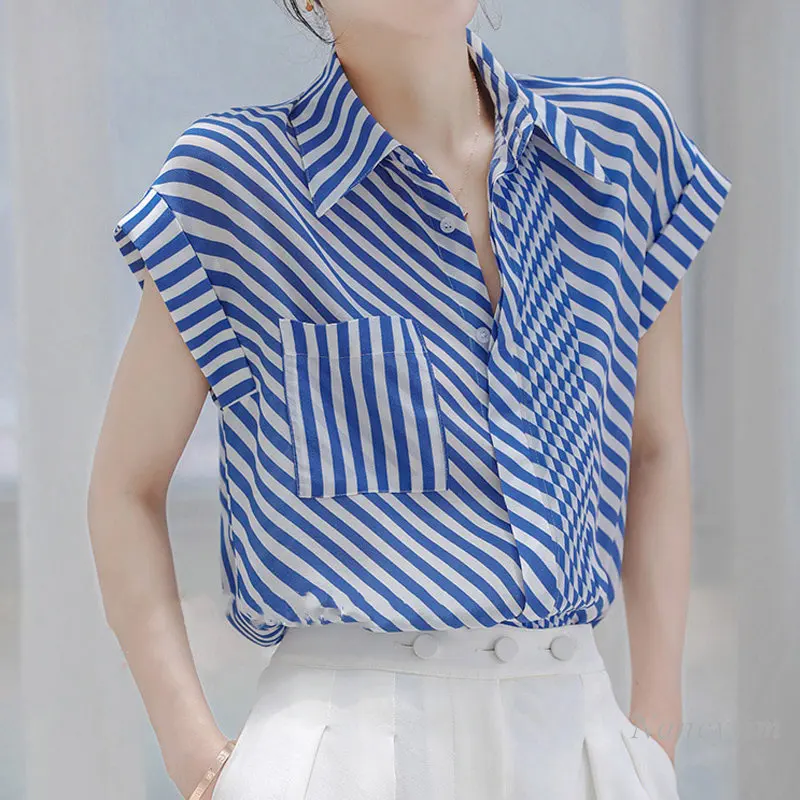 

Blue and White Striped Chiffon Shirt Women's Summer Short Sleeve Loose Pleated Blouse Streetwear All-Matching Top