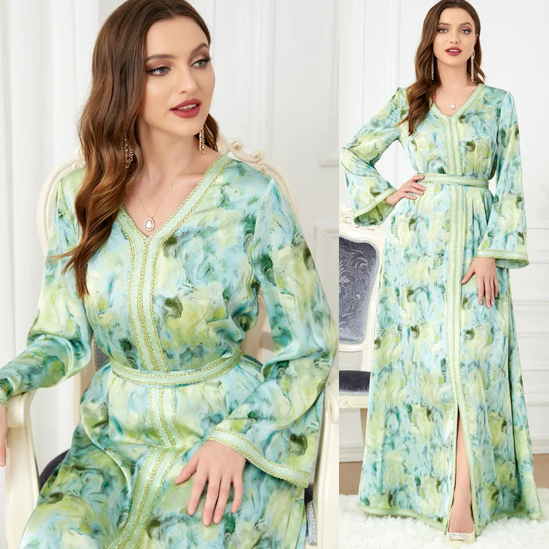 Turkey Muslin Women Abaya Dress Moroccan Woman Caftan Belted Split Hem Party Dresses Dubai Eid Ramadan Jubah Robe Vestiods 2022