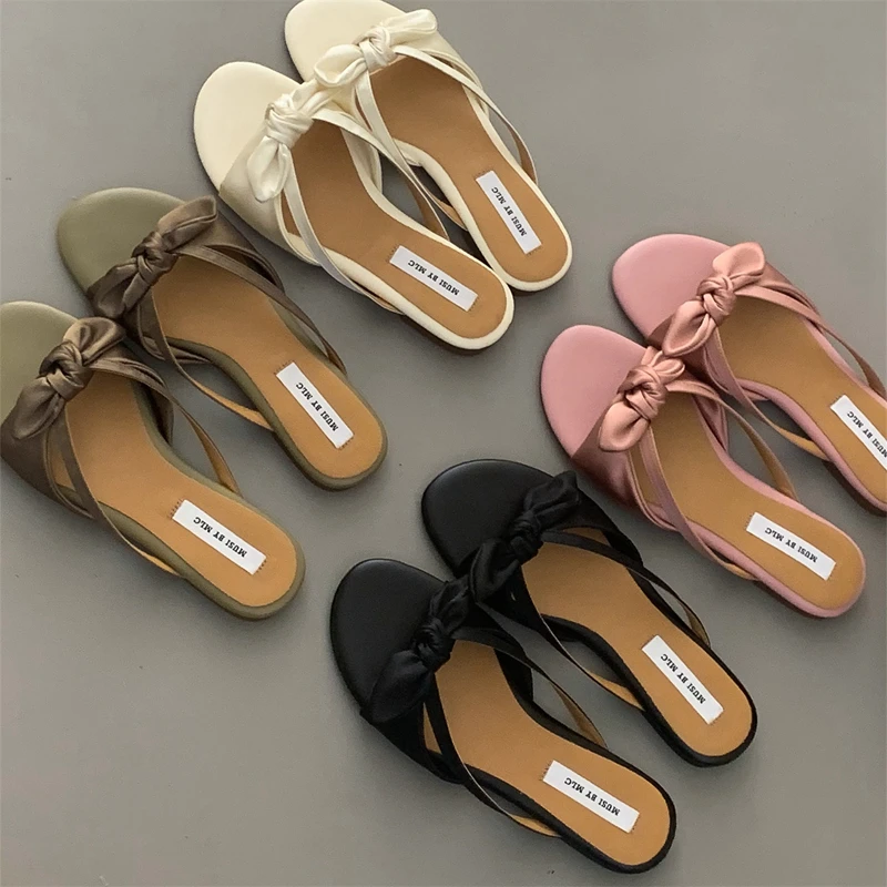 

Casual Women Slipper Butterflyknot Luxury Slippers Women Slides Shoes Summer Low Heels Flat Sandals Evening Party Sandalias