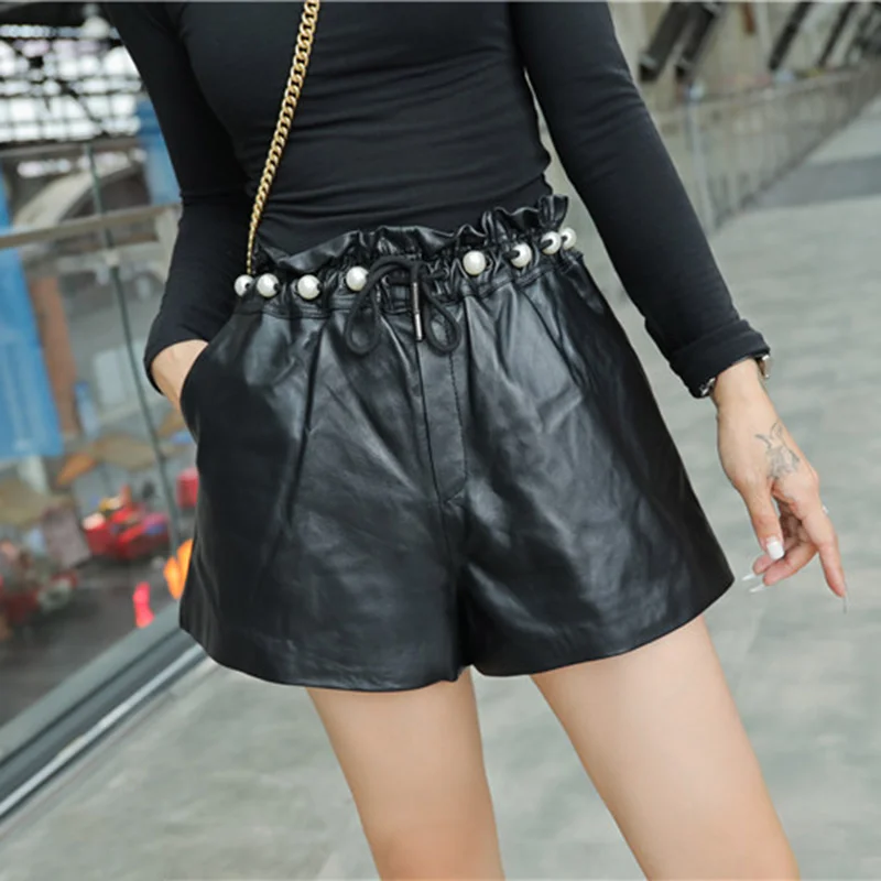 Sheepskin 2023 New 100% Genuine Leather Shorts Women Wide Leg Elastic Waist Beading Drawstring Real Leather Shorts Black Fashion
