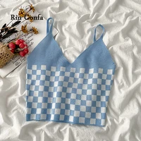 rin confa sweet style chic top women summer new style checkboard lattice pattern sleeveless small sling all match short thin to