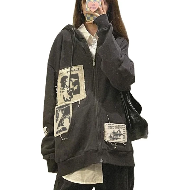 

Women's Hoodie, brown graffiti, Vintage Women's top, Kawai style, Y2K, autumn jacket