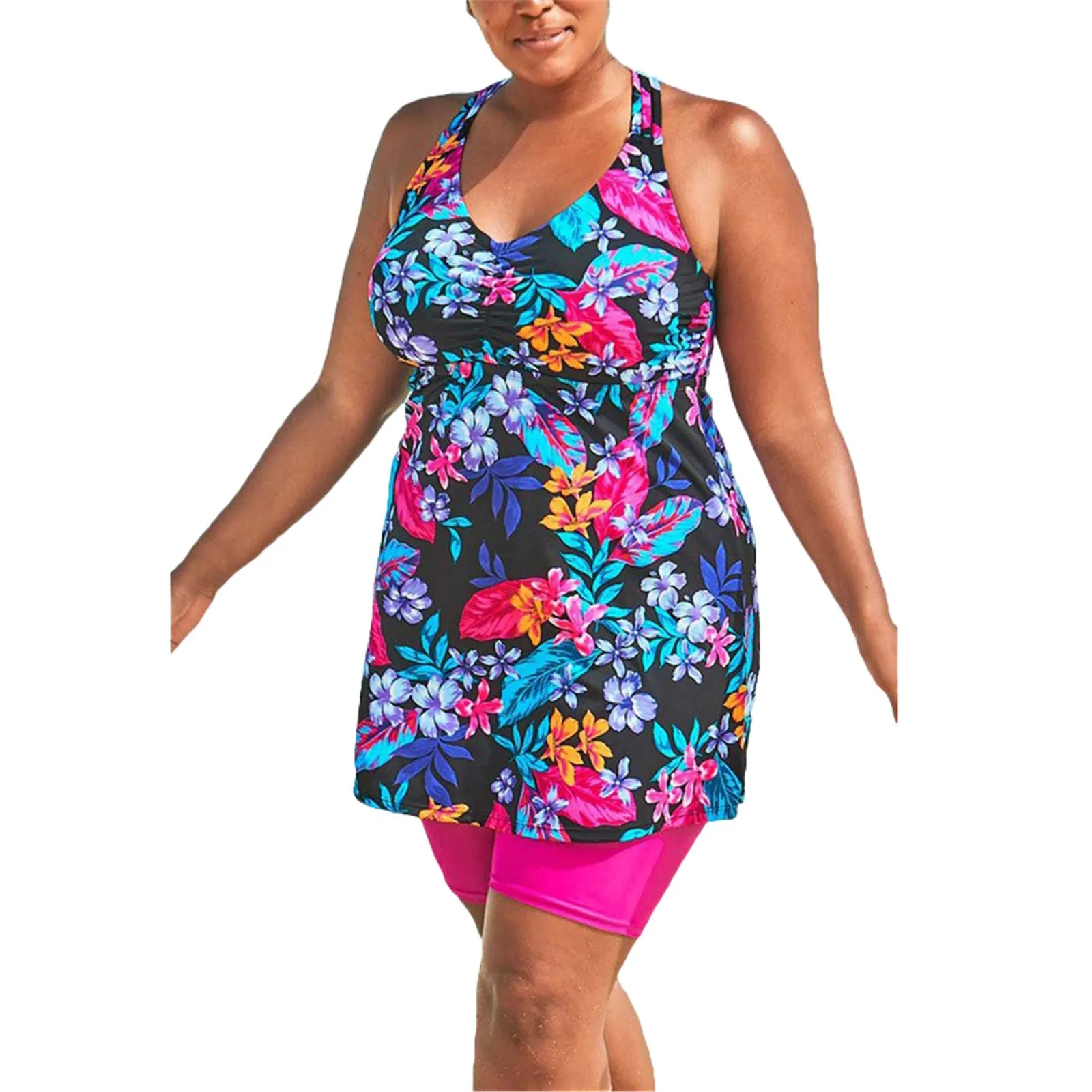 

Hanging Neck Sexy Tie Dye Print Large Size Split Swimsuit