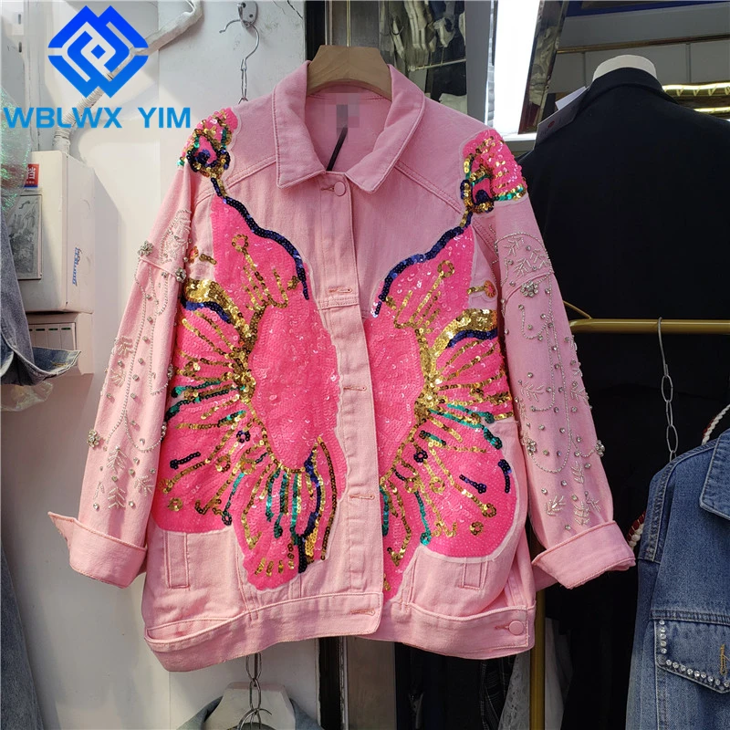 

Ripped Jeans Jacket Women Pocket Lapel Diamond Fashion Sequins Print Denim Jacket Lady Spring Autumn Loose Jeans Coat Streetwear