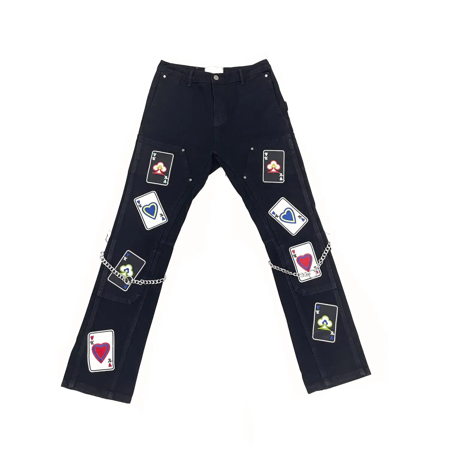 Men's Original Punk Hip Hop Street Personality Playing Cards Embroidered Patches Stitching Loose Metal Chain Denim Trousers