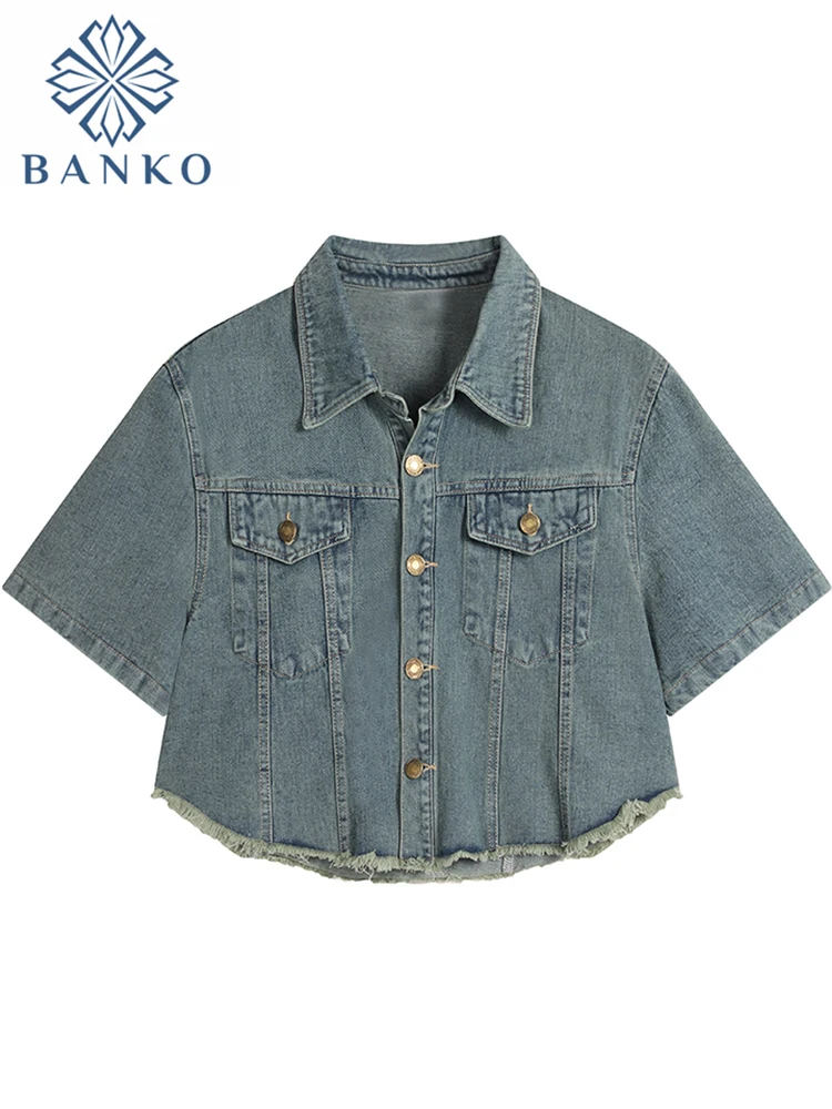 

Denim Jacket Coat for Women 2023 Summer Loose Single Breasted Turn Down Collar Short Sleeve Outerwear Korean Fashion Overcoat