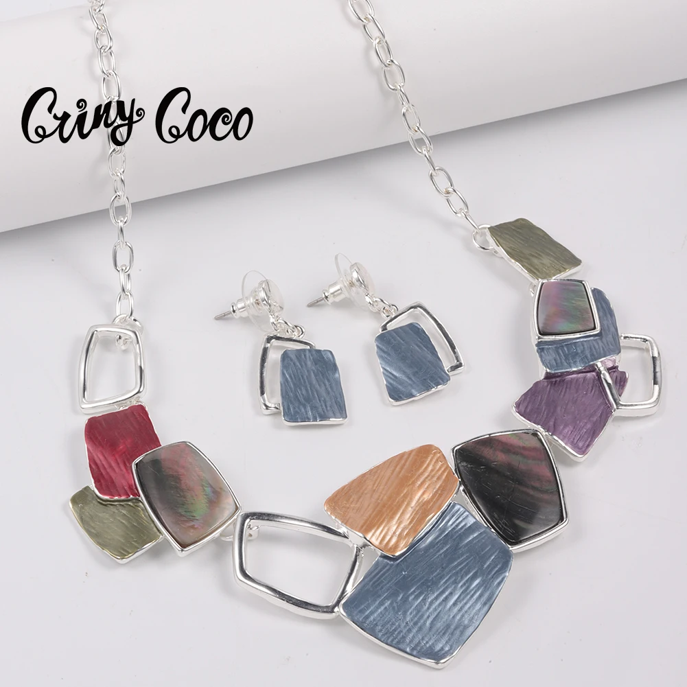 

Cring Coco Luxury Designer Jewelry Sets Vintage Natural Abalone Shell Necklace Set Geometry Enamel Earrings Set for Women 2022