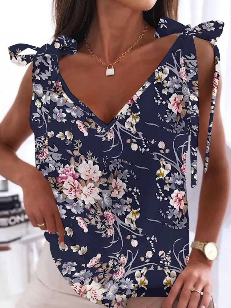 

Women Casual Simple V-Neck Sleeveless Tops Summer Loose Commute Ladies Blusas 2022 New Floral Print Tie-Up Straps Blouses Shirts