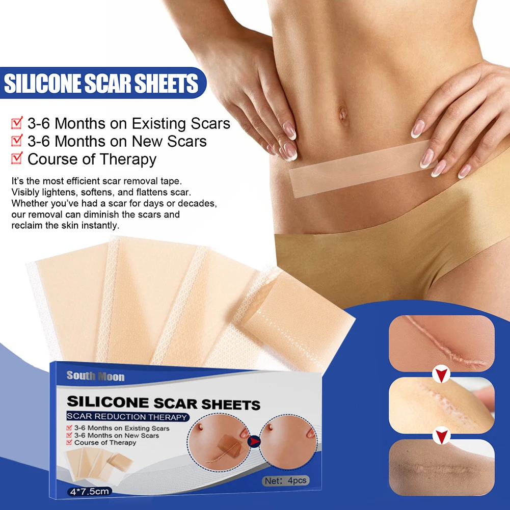 

4pcs/box Skin Tone Scar Sticker Scars Removal Patch Sheet Burn Repair Gel Soft Surgery Flat Strip Self Adhesive Treatment Patch