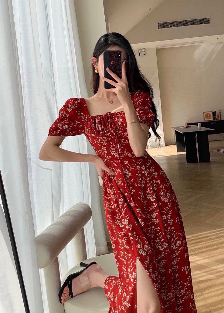 

2023 spring and summer women's clothing fashion new Ancient Bubble Sleeve Side Slit Square Collar Elegant Dress 0428