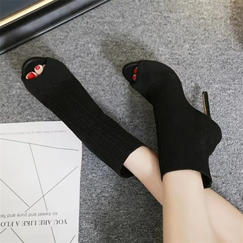 

Fashion Ladies Peep Toe Stretch Fabric Knitting Ankle Boots Small Hole Hollow Out Breathable Dress Women High Heels Dance Shoes