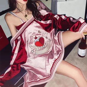 Двухсторонняя куртка-бомбер Yokosuka, атласная бейсбольная куртка на молнии, ретро-стиль, с вышивкой, сердца, парные летные костюмы, кардиган в стиле Харадзюку